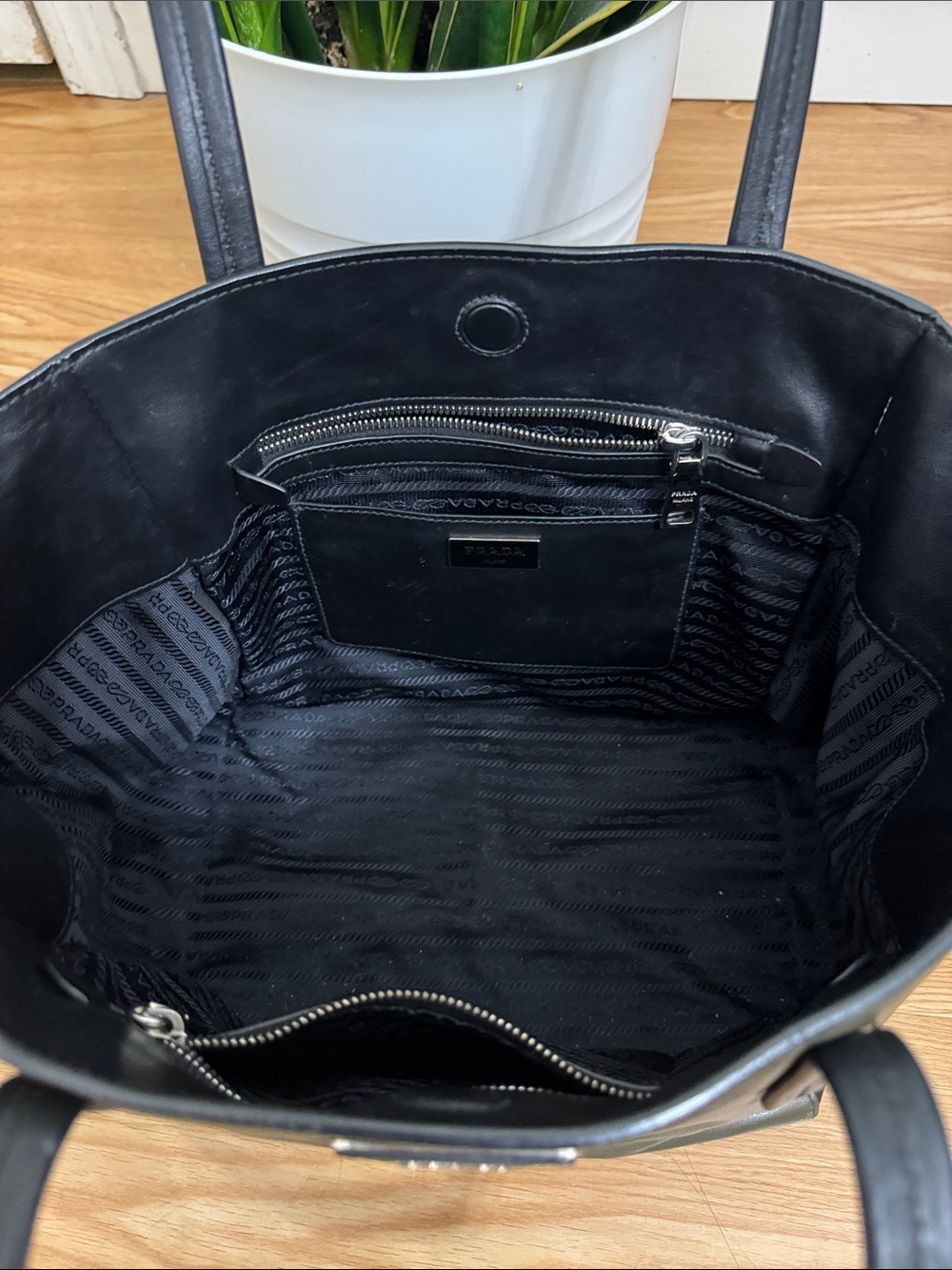 Prada Olive Green and Black Leather Tote - Picture 9 of 12